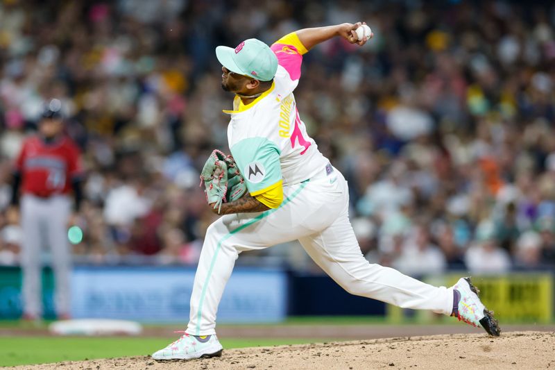 Sep 26, 2025; San Diego, California, USA; San Diego Padres relief pitcher Bradgley Rodriguez (72) throws a pitch during the sixth inning Arizona Diamondbacks at Petco Park. Mandatory Credit: David Frerker-Imagn Images