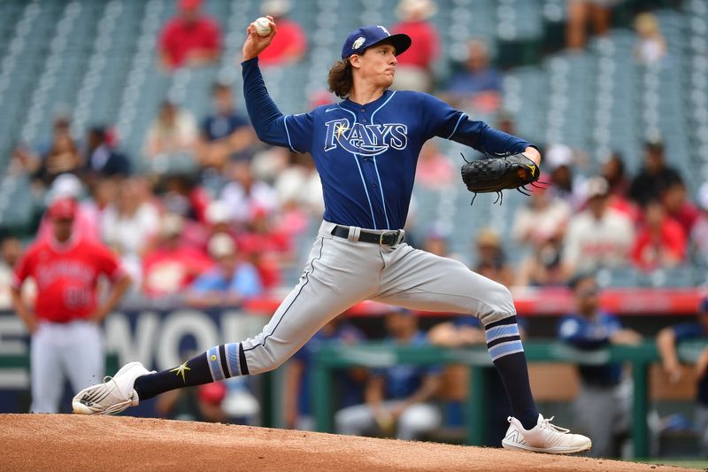 Aug 19, 2023; Anaheim, California, USA; Tampa Bay Rays starting pitcher Tyler Glasnow (20) throws against the Los Angeles Angels during the first inning at Angel Stadium. Mandatory Credit: Gary A. Vasquez-USA TODAY Sports