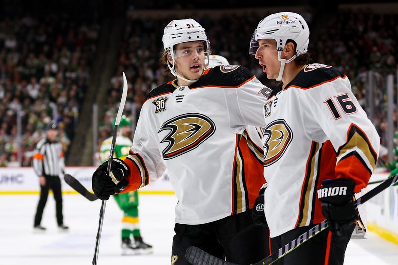 Jan 27, 2024; Saint Paul, Minnesota, USA; Anaheim Ducks center Ryan Strome (16) celebrates his goal against the Minnesota Wild during the third period at Xcel Energy Center. Mandatory Credit: Matt Krohn-USA TODAY Sports