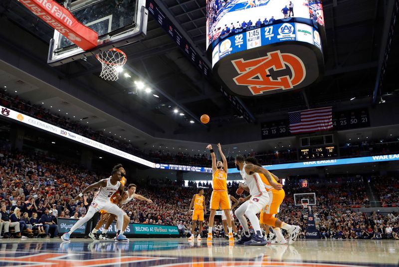 Mar 4, 2023; Auburn, Alabama, USA;  Tennessee Volunteers forward Uros Plavsic (33) attempts a free throw during the first half against the Auburn Tigers at Neville Arena. Mandatory Credit: John Reed-USA TODAY Sports