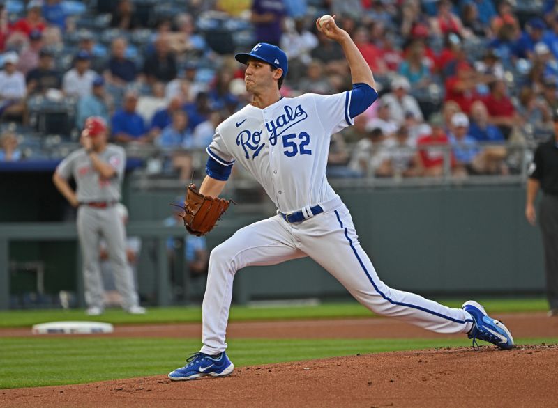 Jun 14, 2023; Kansas City, Missouri, USA;  Kansas City Royals starting pitcher Daniel Lynch (52) delivers a pitch in the first inning against the Cincinnati Reds at Kauffman Stadium. Mandatory Credit: Peter Aiken-USA TODAY Sports