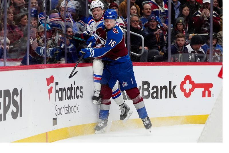 Jan 14, 2025; Denver, Colorado, USA; Colorado Avalanche center Juuso Parssinen (16) checks New York Rangers center Vincent Trocheck (16) in the second period at Ball Arena. Mandatory Credit: Ron Chenoy-Imagn Images