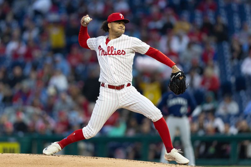 Apr 26, 2023; Philadelphia, Pennsylvania, USA; Philadelphia Phillies starting pitcher Taijuan Walker (99) throws a pitch during the second inning against the Seattle Mariners at Citizens Bank Park. Mandatory Credit: Bill Streicher-USA TODAY Sports