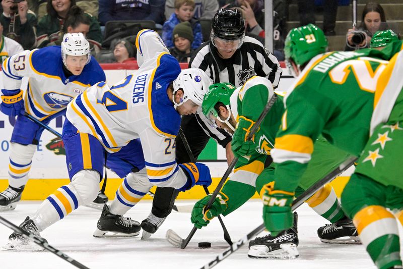 Feb 17, 2024; Saint Paul, Minnesota, USA;  Buffalo Sabres forward Dylan Cozens (24) and Minnesota Wild forward Ryan Hartman (38) face-off during the first period at Xcel Energy Center. Mandatory Credit: Nick Wosika-USA TODAY Sports