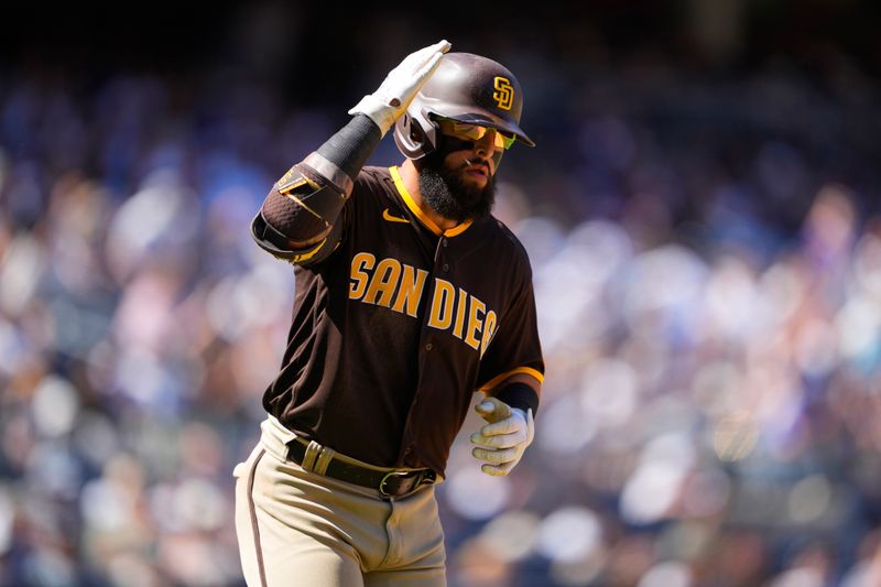 May 28, 2023; Bronx, New York, USA; San Diego Padres second baseman Rougned Odor (24) rounds the bases after hitting a two-run home run against the New York Yankees during the seventh inning at Yankee Stadium. Mandatory Credit: Gregory Fisher-USA TODAY Sports