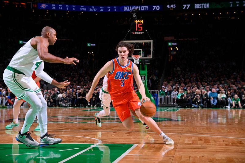 BOSTON, MA - APRIL 3: Josh Giddey #3 of the Oklahoma City Thunder handles the ball during the game against the Boston Celtics on April 3, 2024 at the TD Garden in Boston, Massachusetts. NOTE TO USER: User expressly acknowledges and agrees that, by downloading and or using this photograph, User is consenting to the terms and conditions of the Getty Images License Agreement. Mandatory Copyright Notice: Copyright 2024 NBAE  (Photo by Brian Babineau/NBAE via Getty Images)