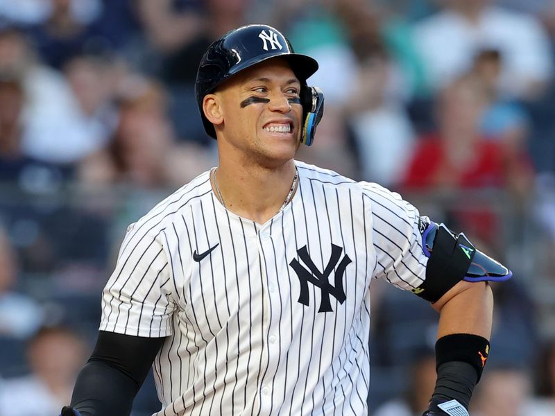 Jun 7, 2025; Bronx, New York, USA; New York Yankees right fielder Aaron Judge (99) reacts after striking out against the Boston Red Sox during the first inning at Yankee Stadium. Mandatory Credit: Brad Penner-Imagn Images