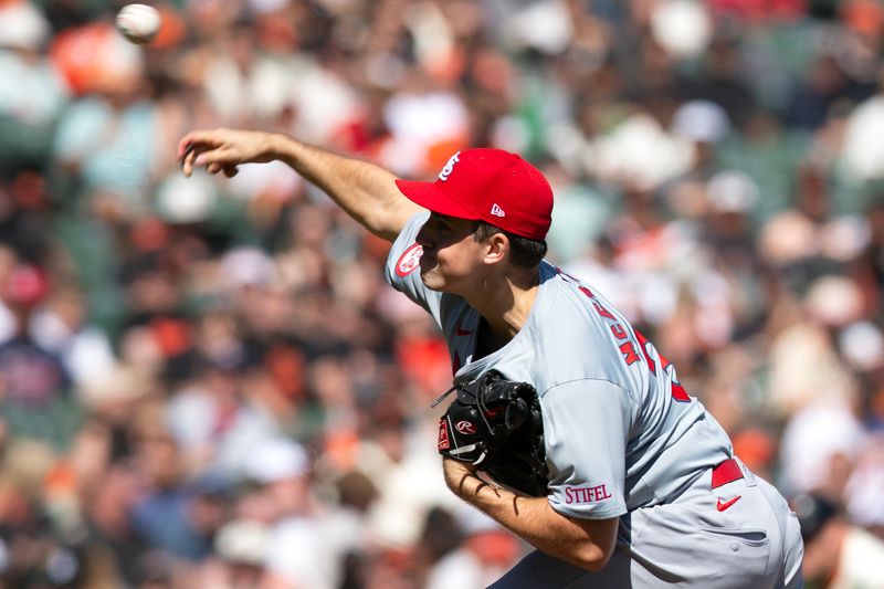 Sep 29, 2024; San Francisco, California, USA; St. Louis Cardinals starting pitcher Michael McGreevy (36) delivers a pitch against the San Francisco Giants during the fifth inning at Oracle Park. Mandatory Credit: D. Ross Cameron-Imagn Images