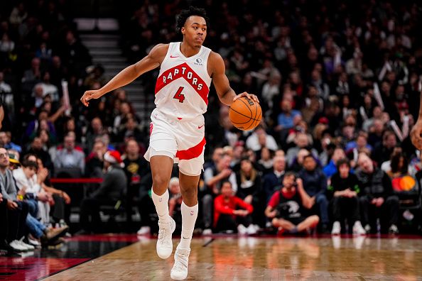 TORONTO, ON - DECEMBER 20: Scottie Barnes #4 of the Toronto Raptors dribbles the ball against the Denver Nuggets during the second half at Scotiabank Arena on December 20, 2023 in Toronto, Ontario, Canada. NOTE TO USER: User expressly acknowledges and agrees that, by downloading and/or using this Photograph, user is consenting to the terms and conditions of the Getty Images License Agreement. (Photo by Andrew Lahodynskyj/Getty Images)