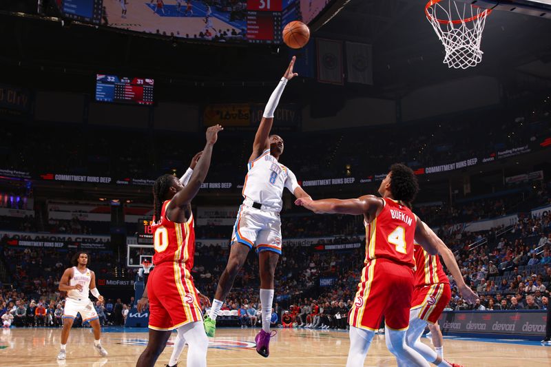 OKLAHOMA CITY, OK - OCTOBER 17: Jalen Williams #8 of the Oklahoma City Thunder shoots the ball during the game against the Atlanta Hawks on October 17, 2024 at Paycom Arena in Oklahoma City, Oklahoma. NOTE TO USER: User expressly acknowledges and agrees that, by downloading and or using this photograph, User is consenting to the terms and conditions of the Getty Images License Agreement. Mandatory Copyright Notice: Copyright 2024 NBAE (Photo by Zach Beeker/NBAE via Getty Images)