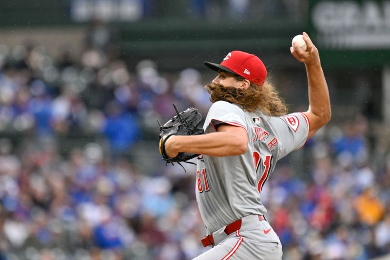 Sep 28, 2024; Chicago, Illinois, USA;  Cincinnati Reds pitcher Rhett Lowder (81) delivers against the Chicago Cubs during the first inning at Wrigley Field. Mandatory Credit: Matt Marton-Imagn Images