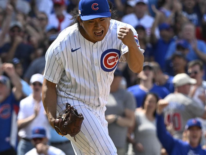 Jun 15, 2024; Chicago, Illinois, USA;  Chicago Cubs pitcher Shota Imanaga (18) reacts after closing out the seventh inning against the St. Louis Cardinals at Wrigley Field. Mandatory Credit: Matt Marton-USA TODAY Sports