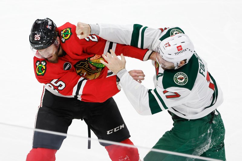 Feb 7, 2024; Chicago, Illinois, USA; Chicago Blackhawks defenseman Jarred Tinordi (25) fights with Minnesota Wild left wing Marcus Foligno (17) during the second period at United Center. Mandatory Credit: Kamil Krzaczynski-USA TODAY Sports