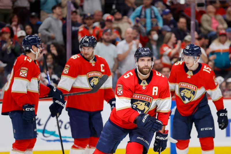 Feb 11, 2023; Sunrise, Florida, USA; Florida Panthers defenseman Aaron Ekblad (5) looks on after scoring during the second period against the Colorado Avalanche at FLA Live Arena. Mandatory Credit: Sam Navarro-USA TODAY Sports