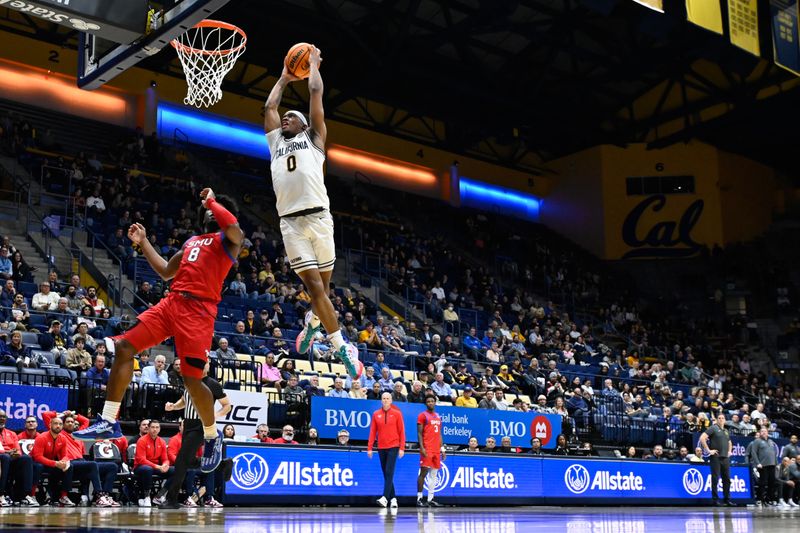Feb 26, 2025; Berkeley, California, USA; California Golden Bears guard Jeremiah Wilkinson (0) dunks over SMU Mustangs guard Kario Oquendo (8) in the first half at Haas Pavilion. Mandatory Credit: Eakin Howard-Imagn Images