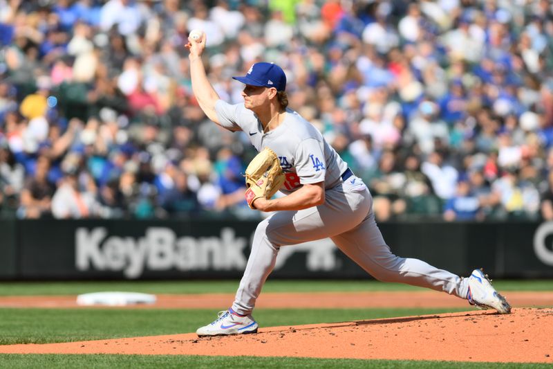 Sep 17, 2023; Seattle, Washington, USA; Los Angeles Dodgers starting pitcher Shelby Miller (18) pitches to the Seattle Mariners during the first inning at T-Mobile Park. Mandatory Credit: Steven Bisig-USA TODAY Sports