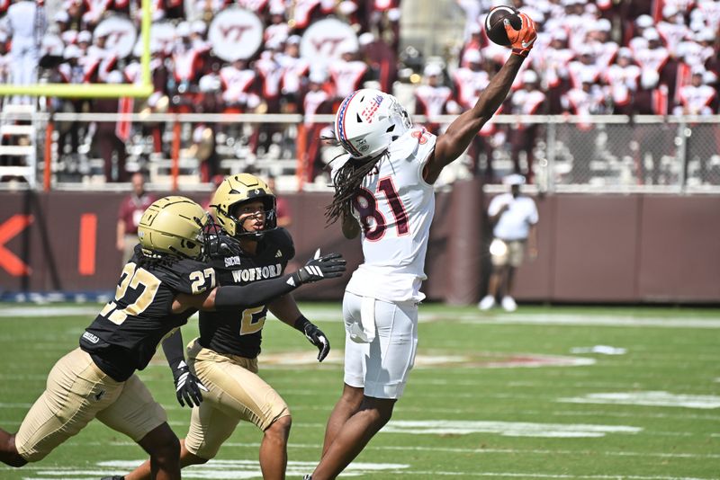 Sep 20, 2025; Blacksburg, Virginia, USA; Virginia Tech Hokies wide receiver Devin Alves (81) catches a pass during the third quarter against the Wofford Terriers at Lane Stadium. Mandatory Credit: Brian Bishop-Imagn Images
