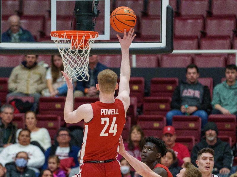 Feb 23, 2023; Stanford, California, USA;  Washington State Cougars guard Justin Powell (24) shoots the basketballl against Stanford Cardinal guard Michael Jones (13) during the first half at Maples Pavilion. Mandatory Credit: Neville E. Guard-USA TODAY Sports