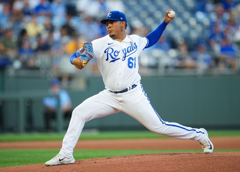 Aug 30, 2023; Kansas City, Missouri, USA; Kansas City Royals starting pitcher Angel Zerpa (61) pitches during the first inning against the Pittsburgh Pirates at Kauffman Stadium. Mandatory Credit: Jay Biggerstaff-USA TODAY Sports