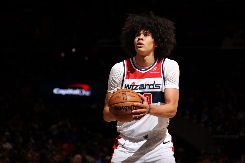 WASHINGTON, DC -? JANUARY 12: Kyshawn George #18 of the Washington Wizards prepares to shoot a free throw during the game against the Oklahoma City Thunder on January 12, 2025 at Capital One Arena in Washington, DC. NOTE TO USER: User expressly acknowledges and agrees that, by downloading and or using this Photograph, user is consenting to the terms and conditions of the Getty Images License Agreement. Mandatory Copyright Notice: Copyright 2025 NBAE (Photo by Stephen Gosling/NBAE via Getty Images)