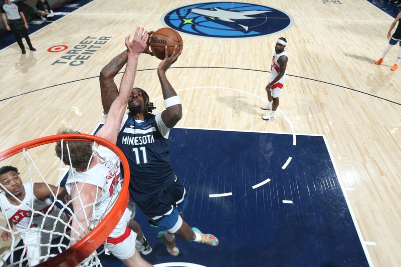 MINNEAPOLIS, MN -  OCTOBER 26: Naz Reid #11 of the Minnesota Timberwolves shoots the ball during the game against the Toronto Raptors on October 26, 2024 at Target Center in Minneapolis, Minnesota. NOTE TO USER: User expressly acknowledges and agrees that, by downloading and or using this Photograph, user is consenting to the terms and conditions of the Getty Images License Agreement. Mandatory Copyright Notice: Copyright 2024 NBAE (Photo by David Sherman/NBAE via Getty Images)