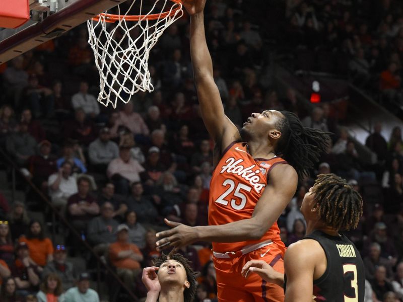 Mar 4, 2023; Blacksburg, Virginia, USA; Virginia Tech Hokies forward Justyn Mutts (25) drives to basket against Florida State Seminoles forward Cam Corhen (3)  and  guard Jalen Warley (1 )at Cassell Coliseum. Mandatory Credit: Lee Luther Jr.-USA TODAY Sports