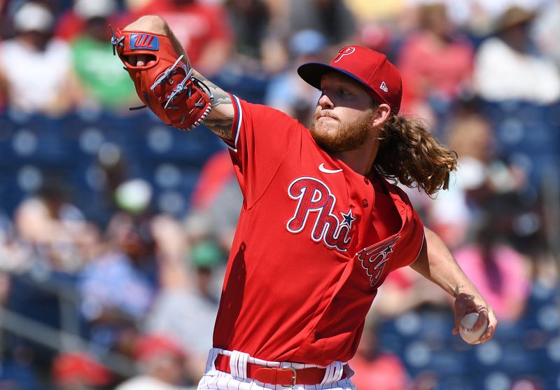 Mar 22, 2022; Clearwater, Florida, USA; Philadelphia Phillies pitcher Bailey Falter (70) throws a pitch in the first inning of the game against the Detroit Tigers during spring training at BayCare Ballpark. Mandatory Credit: Jonathan Dyer-USA TODAY Sports