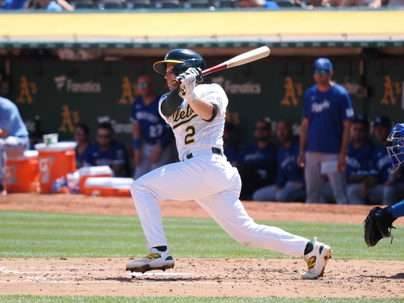 Aug 23, 2023; Oakland, California, USA; Oakland Athletics shortstop Nick Allen (2) hits a single against the Kansas City Royals during the third inning at Oakland-Alameda County Coliseum. Mandatory Credit: Kelley L Cox-USA TODAY Sports