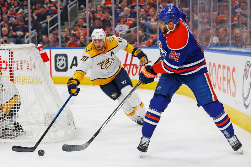 Jan 27, 2024; Edmonton, Alberta, CAN; Edmonton Oilers forward Evander Kane (91) passes in front of Nashville Predators forward Ryan O'Reilly (90) during the third period at Rogers Place. Mandatory Credit: Perry Nelson-USA TODAY Sports