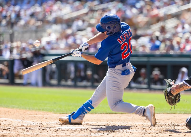 Mar 13, 2026; Phoenix, Arizona, USA; Chicago Cubs outfielder Kane Kepley against the Chicago White Sox during a spring training game at Camelback Ranch-Glendale. Mandatory Credit: Mark J. Rebilas-Imagn Images