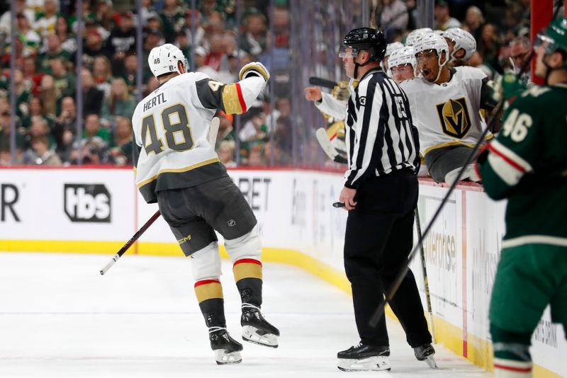 Apr 26, 2025; Saint Paul, Minnesota, USA; Vegas Golden Knights center Tomas Hertl (48) celebrates his goal with teammates during the third period in game four of the first round of the 2025 Stanley Cup Playoffs at Xcel Energy Center. Mandatory Credit: Bruce Fedyck-Imagn Images