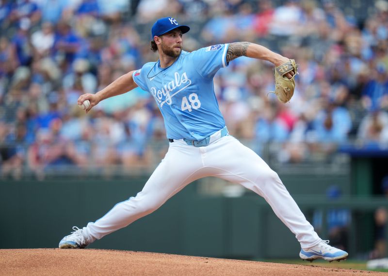 Jun 1, 2024; Kansas City, Missouri, USA; Kansas City Royals starting pitcher Alec Marsh (48) throws against the San Diego Padres during the first inning at Kauffman Stadium. Mandatory Credit: Jay Biggerstaff-USA TODAY Sports