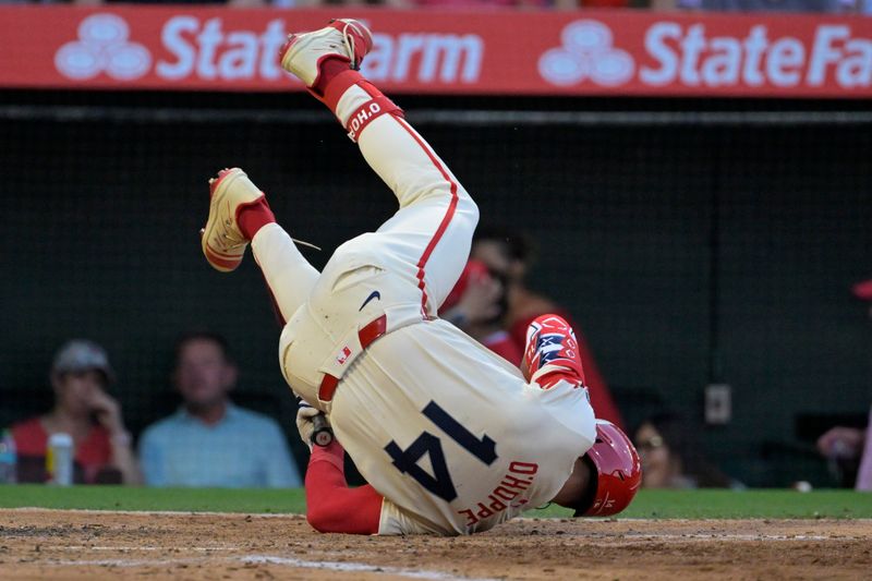 Jun 24, 2024; Anaheim, California, USA;  Los Angeles Angels catcher Logan O'Hoppe (14) backs off an inside pitch in the third inning against the Oakland Athletics at Angel Stadium. Mandatory Credit: Jayne Kamin-Oncea-USA TODAY Sports