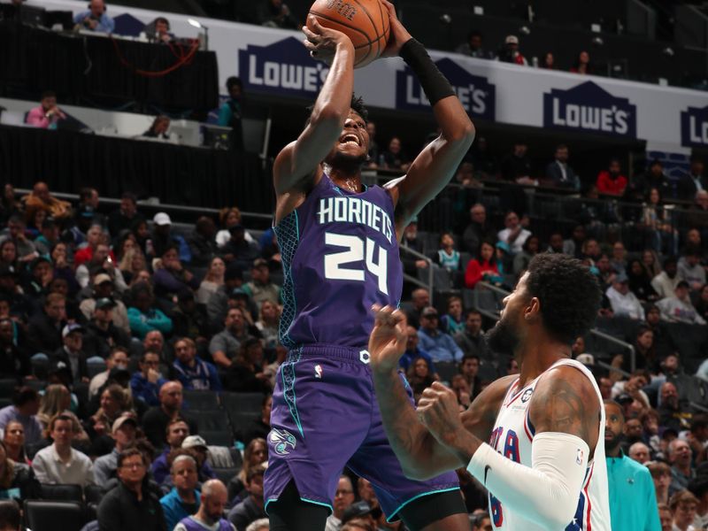 CHARLOTTE, NC - DECEMBER 3: Brandon Miller #24 of the Charlotte Hornets shoots the ball during the game against the Philadelphia 76ers during an NBA Emirates Cup game on December 3, 2024 at Spectrum Center in Charlotte, North Carolina. NOTE TO USER: User expressly acknowledges and agrees that, by downloading and or using this photograph, User is consenting to the terms and conditions of the Getty Images License Agreement. Mandatory Copyright Notice: Copyright 2024 NBAE (Photo by Kent Smith/NBAE via Getty Images) 