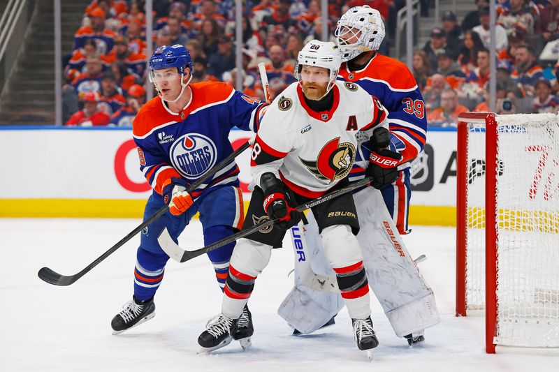 Mar 3, 2026; Edmonton, Alberta, CAN; Ottawa Senators forward Claude Giroux (28) tries to screen Edmonton Oilers goaltender Connor Ingram (39) during the second period at Rogers Place. Mandatory Credit: Perry Nelson-Imagn Images
