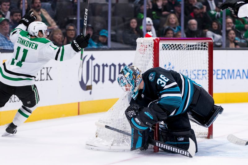 Mar 5, 2024; San Jose, California, USA; Dallas Stars center Logan Stankoven (11) reacts after scoring against San Jose Sharks goaltender Kaapo Kahkonen (36) during the first period at SAP Center at San Jose. Mandatory Credit: John Hefti-USA TODAY Sports