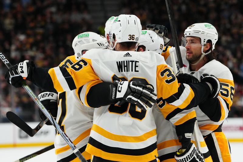 Jan 20, 2024; Las Vegas, Nevada, USA; Pittsburgh Penguins left wing Jake Guentzel (59) celebrates with team mates after scoring a goal against the Vegas Golden Knights during the second period at T-Mobile Arena. Mandatory Credit: Stephen R. Sylvanie-USA TODAY Sports