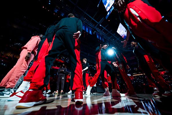 TORONTO, ON - OCTOBER 30: Scottie Barnes #4 of the Toronto Raptors is introduced before playing the Portland Trail Blazers in their basketball game at the Scotiabank Arena on October 30, 2023 in Toronto, Ontario, Canada. NOTE TO USER: User expressly acknowledges and agrees that, by downloading and/or using this Photograph, user is consenting to the terms and conditions of the Getty Images License Agreement. (Photo by Mark Blinch/Getty Images)