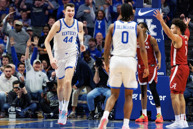 Feb 24, 2024; Lexington, Kentucky, USA; Kentucky Wildcats forward Zvonimir Ivisic (44) reacts after dunking during the first half against the Alabama Crimson Tide at Rupp Arena at Central Bank Center. Mandatory Credit: Jordan Prather-USA TODAY Sports