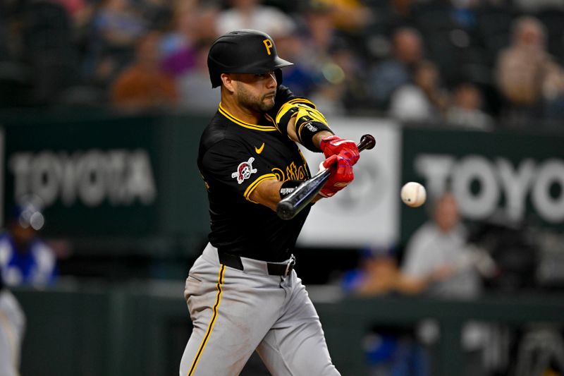 Aug 21, 2024; Arlington, Texas, USA; Pittsburgh Pirates second baseman Isiah Kiner-Falefa (7) bats against the Texas Rangers during the seventh inning at Globe Life Field. Mandatory Credit: Jerome Miron-USA TODAY Sports