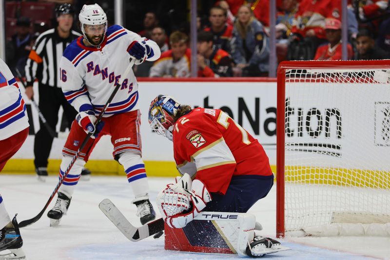 May 26, 2024; Sunrise, Florida, USA; Florida Panthers goaltender Sergei Bobrovsky (72) makes a save against New York Rangers center Vincent Trocheck (16) during the second period in game three of the Eastern Conference Final of the 2024 Stanley Cup Playoffs at Amerant Bank Arena. Mandatory Credit: Sam Navarro-USA TODAY Sports