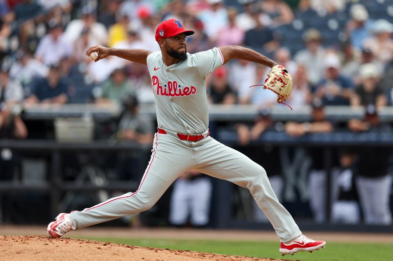 Mar 18, 2024; Tampa, Florida, USA;  Philadelphia Phillies relief pitcher Seranthony Dominguez (58) throws a pitch against the New York Yankees in the third inning at George M. Steinbrenner Field. Mandatory Credit: Nathan Ray Seebeck-USA TODAY Sports