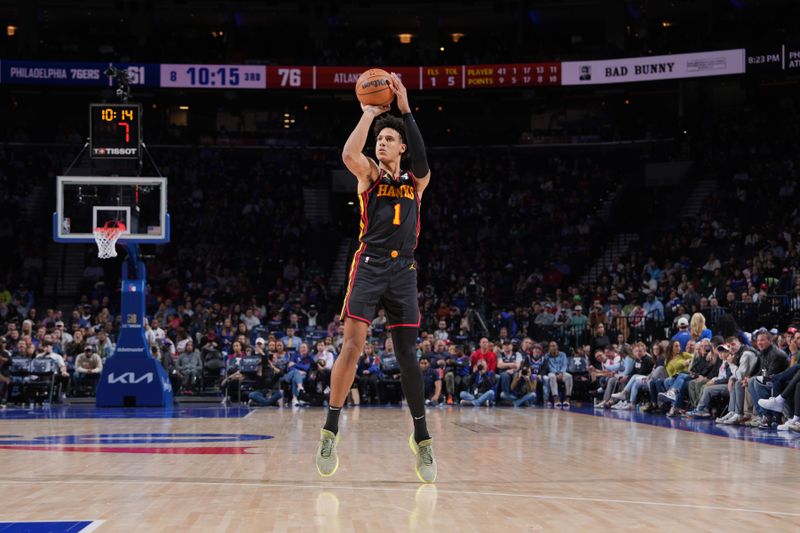 PHILADELPHIA, PA - FEBRUARY 9: Jalen Johnson #1 of the Atlanta Hawks shoots the ball during the game against the Philadelphia 76ers on February 9, 2024 at the Wells Fargo Center in Philadelphia, Pennsylvania NOTE TO USER: User expressly acknowledges and agrees that, by downloading and/or using this Photograph, user is consenting to the terms and conditions of the Getty Images License Agreement. Mandatory Copyright Notice: Copyright 2024 NBAE (Photo by Jesse D. Garrabrant/NBAE via Getty Images)