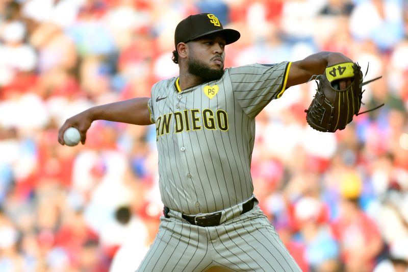 Jun 17, 2024; Philadelphia, Pennsylvania, USA; San Diego Padres pitcher Randy Vásquez (98) throws a pitch during the second inning against the Philadelphia Phillies at Citizens Bank Park. Mandatory Credit: Eric Hartline-USA TODAY Sports