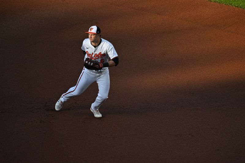 May 13, 2024; Baltimore, Maryland, USA; Baltimore Orioles first baseman Ryan Mountcastle (6) breaks on a ground ball during the first inning against the Toronto Blue Jays  at Oriole Park at Camden Yards. Mandatory Credit: Tommy Gilligan-USA TODAY Sports