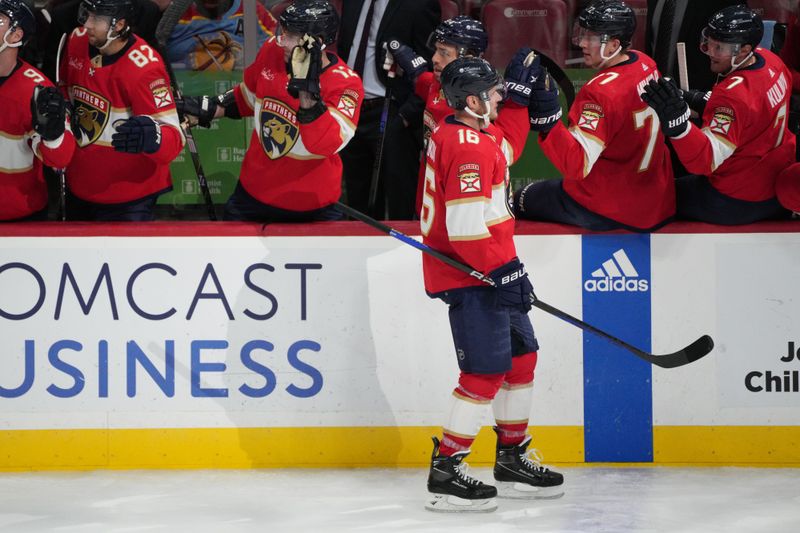 Dec 6, 2023; Sunrise, Florida, USA; Florida Panthers center Aleksander Barkov (16) celebrates a goal against the Dallas Stars during the third period at Amerant Bank Arena. Mandatory Credit: Jim Rassol-USA TODAY Sports