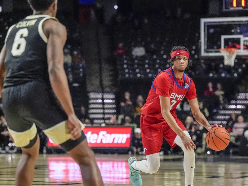 Jan 20, 2026; Winston-Salem, North Carolina, USA; Southern Methodist University Mustangs forward Jermaine O'Neal Jr. (7) handles the ball against Wake Forest Demon Deacons guard Myles Colvin (6) during the second half at Lawrence Joel Veterans Memorial Coliseum. Mandatory Credit: Jim Dedmon-Imagn Images