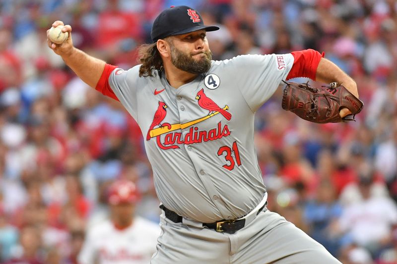 Jun 2, 2024; Philadelphia, Pennsylvania, USA; St. Louis Cardinals pitcher Lance Lynn (31) throws a pitch against the Philadelphia Phillies during the first inning at Citizens Bank Park. Mandatory Credit: Eric Hartline-USA TODAY Sports