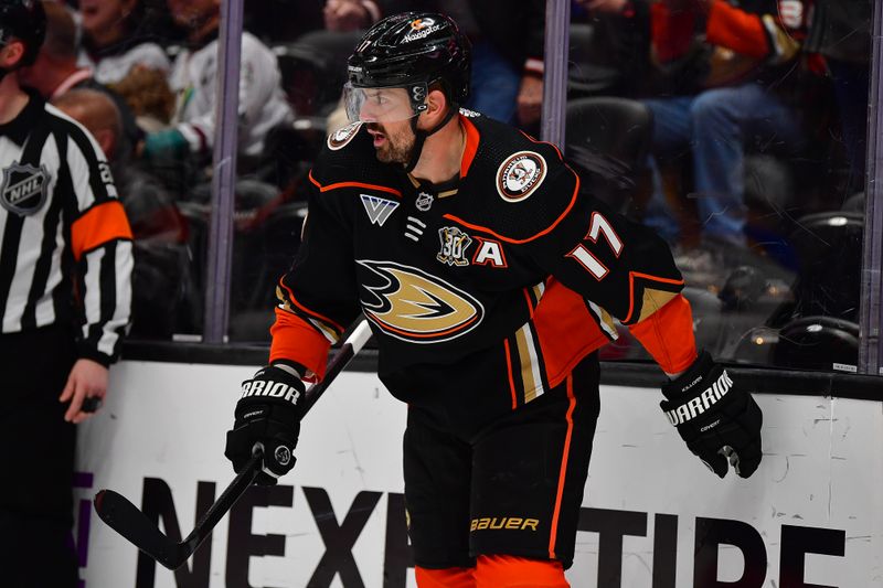 Apr 7, 2024; Anaheim, California, USA; Anaheim Ducks left wing Alex Killorn (17) celebrates the goal scored by right wing Frank Vatrano (77) against the St. Louis Blues during the second period at Honda Center. Killorn provided an assist on the goal. Mandatory Credit: Gary A. Vasquez-USA TODAY Sports