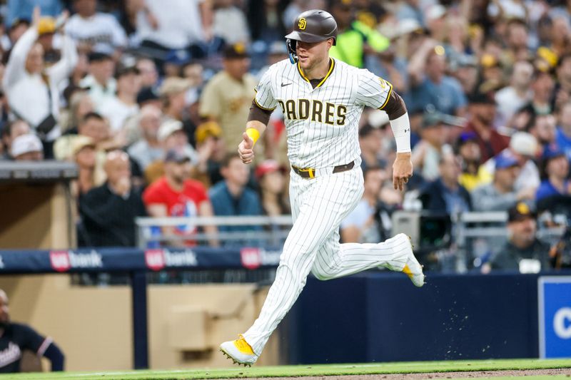 Jun 24, 2025; San Diego, California, USA; San Diego Padres left fielder Gavin Sheets (30) scores a run during the fourth inning against the Washington Nationals at Petco Park. Mandatory Credit: David Frerker-Imagn Images
